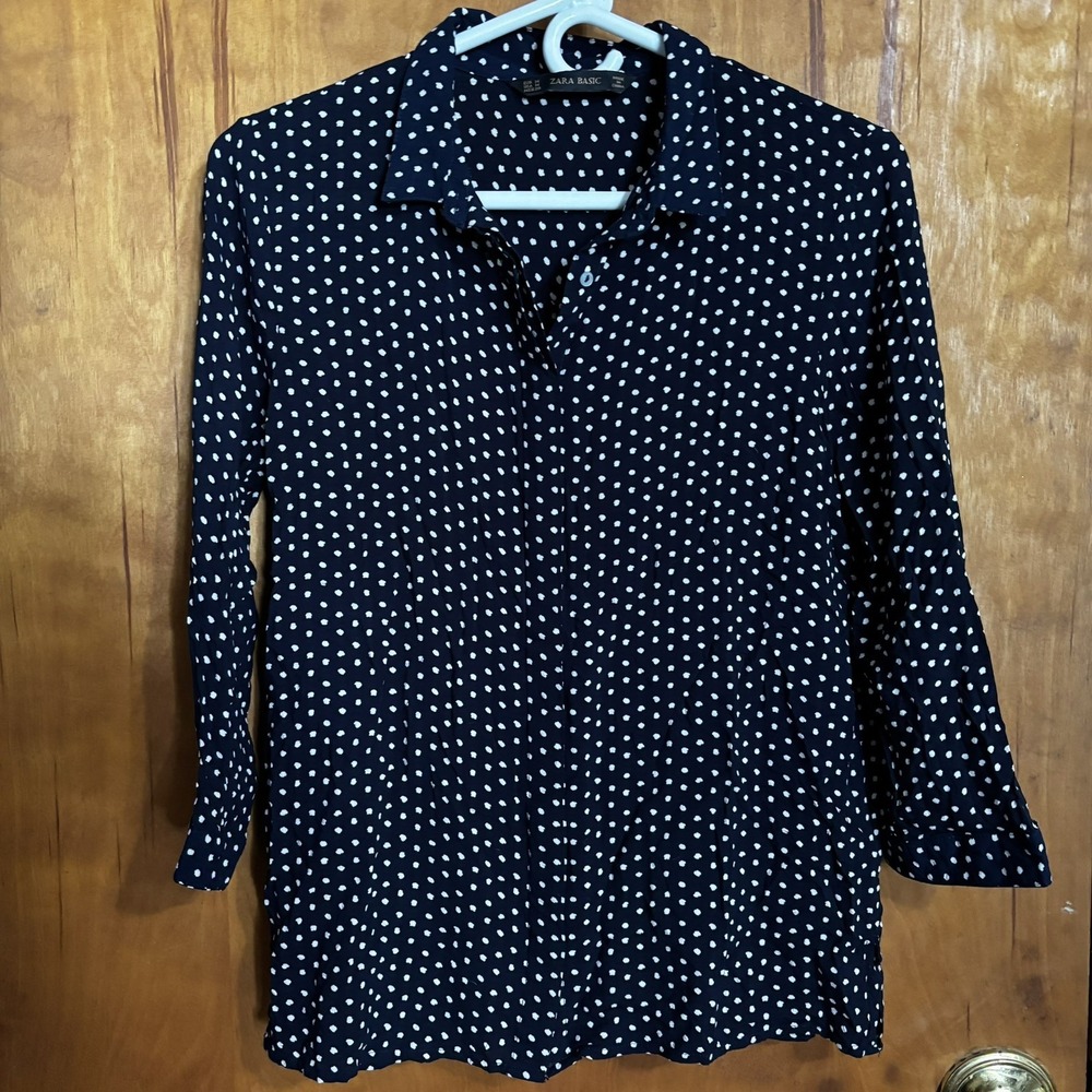 Zara Basic Navy White Polka Dot Button Front Long Sleeve Blouse Women's M